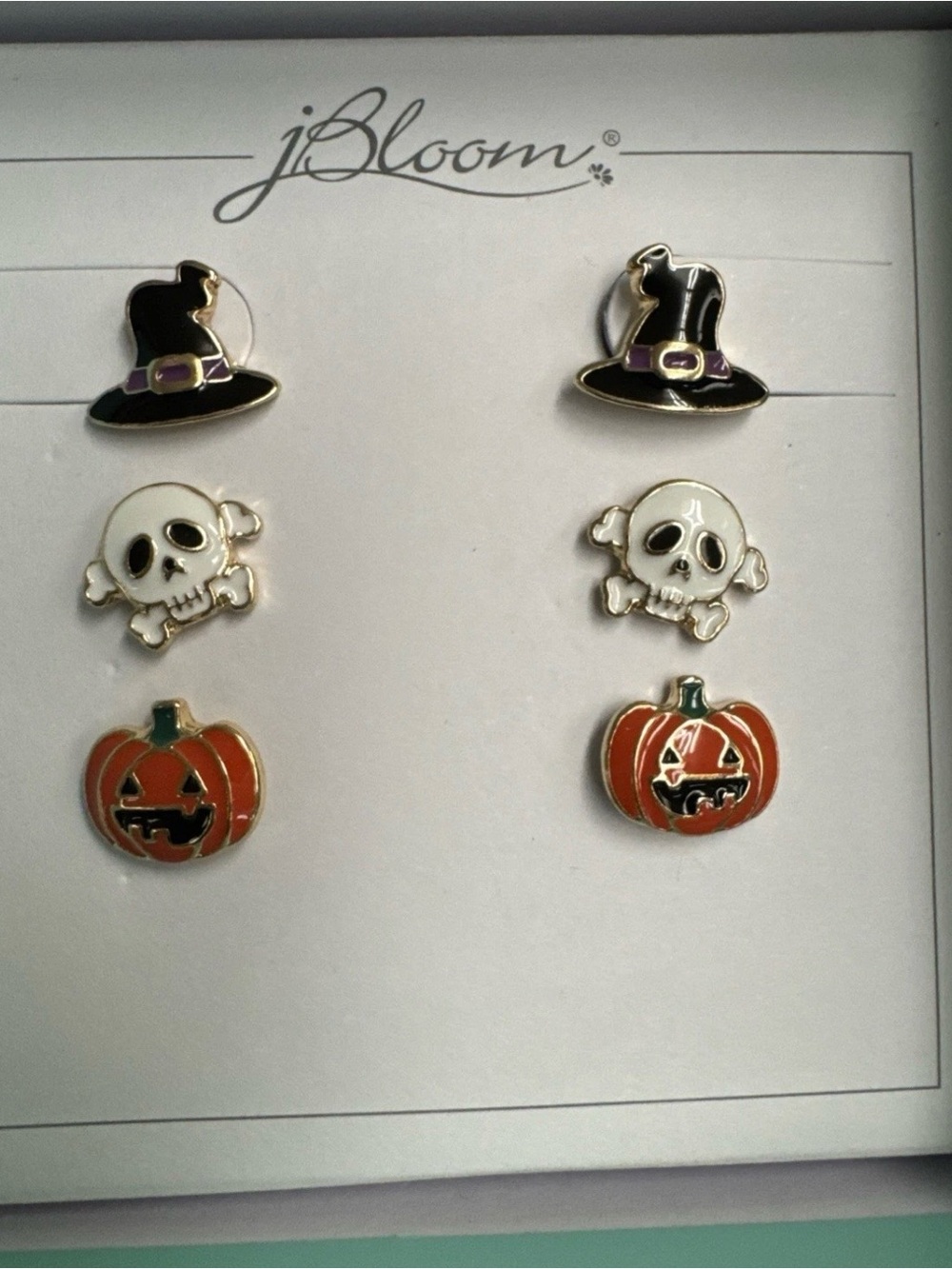 bloom Fall Halloween Earring Trio — Black Witch Hat, White Skull, Orange Pumpkin
